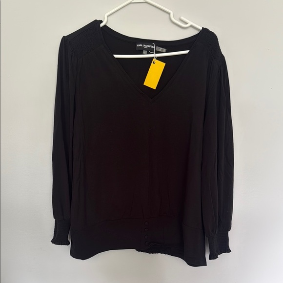 Karl Lagerfeld Black V-Neck Blouse with Button Accents - Picture 1 of 4